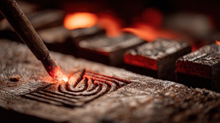 Close-up of a heated tool branding a wooden block near a fire