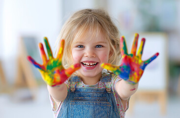 Photo of a happy little girl showing her hands with colorful paint, laughing and having fun, child, paint, hands