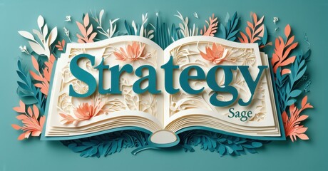 Open book displays Strategy text. Floral papercraft surrounds pages, creating vibrant, artistic presentation. Sage appears below title.