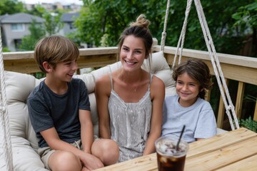 A smiling woman and two children share a joyful moment on a swing seat, capturing the happiness and bond between family members in a relaxed setting.