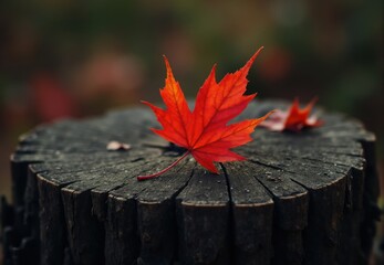 Red Maple Leaf on Tree Stump