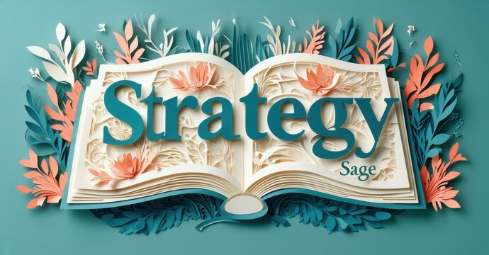 Open book displays Strategy text. Floral papercraft surrounds pages, creating vibrant, artistic presentation. Sage appears below title.