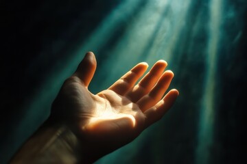 Hands reaching into light from darkness