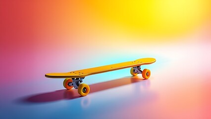 A yellow skateboard pops against a neon backdrop, capturing dynamic energy.