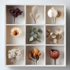 A white cubed shelf displaying nine different dried and preserved floral arrangements in various earthy tones and textures.