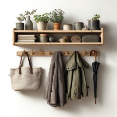 A minimalist wooden wall shelf and coat rack hold potted plants, books, a bag, jackets, and an umbrella against a white wall.