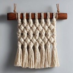 A handcrafted macrame wall hanging with intricate knots on a wooden dowel, featuring long tassels at the bottom.