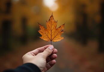 Hand Holding Maple Leaf Autumn Background