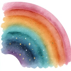 A watercolor painting of a rainbow blending warm and cool colors, embellished with tiny golden stars scattered across the darker hues.
