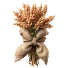 A detailed illustration of a wheat bundle tied with a textured burlap ribbon on a white background.