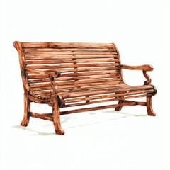 A wooden bench with curved armrests and slatted backrest, designed for outdoor or indoor seating.