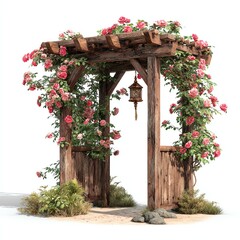 A rustic wooden garden arbor entwined with blooming pink roses and green foliage, decorated with a hanging vintage lantern, standing on a natural patch with stones and plants.