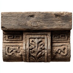 Ornate antique wooden architectural corbel with intricate carvings of leaves and geometric patterns, showcasing detailed craftsmanship.