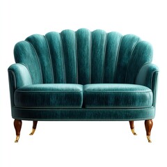 A luxurious teal velvet loveseat with scalloped backrest and wooden legs featuring brass casters, combining vintage elegance and modern comfort.