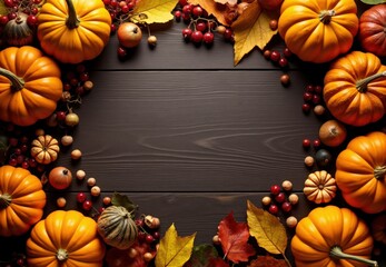 Pumpkins, Gourds, Berries, Nuts, and Leaves on Wood Surface