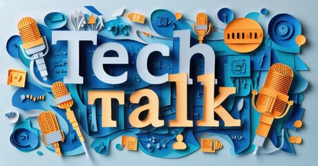 Papercraft illustration depicts technology, communication. Microphones, headphones, devices surround text Tech talk. Blue, orange hues dominate design.