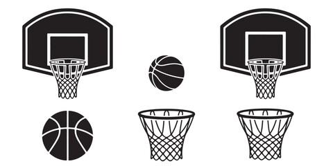 black vector various style Basketball hoop, basketball and goal, net, ring icon silhouettes set