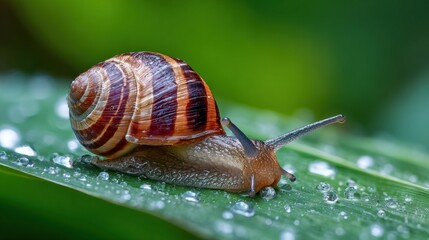 Giant African Snail Resting on a Wet Leaf, Showcasing Macro Details and Natural Beauty in a Lush Environment