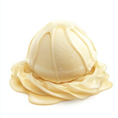 Fototapeta premium Creamy vanilla ice cream scoop with flowing liquid topping isolated on white background