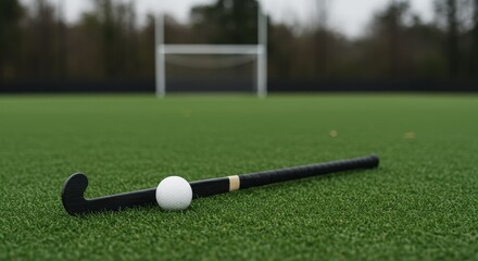 Field hockey stick with a ball on green turf in front of a goal post