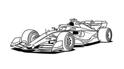 Sleek Formula One race car depicted in a detailed black and white line drawing for coloring book enthusiasts or design projects.