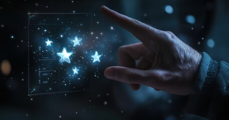 Interactive Star Rating System: Hand Interacting with Glowing Stars on a Digital Interface