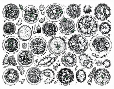 "Detailed monochrome sketch of various international dishes, vintage engraving style, full HD, sharp lines and food textures"