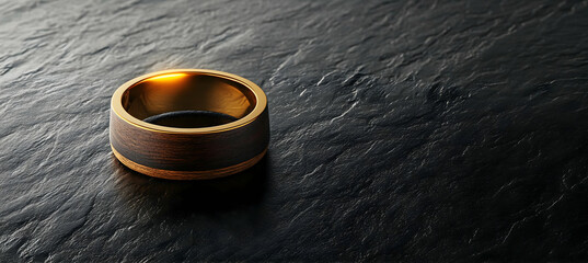 Stunning close-up of a wedding ring with dark onyx stone and shiny gold band presented in minimalist macro photography with a bold black background

