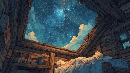 A starry night viewed from a cozy cabin interior.