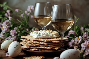 Passover Seder Feast: Matzah, Cream Cheese, and Festive Wine