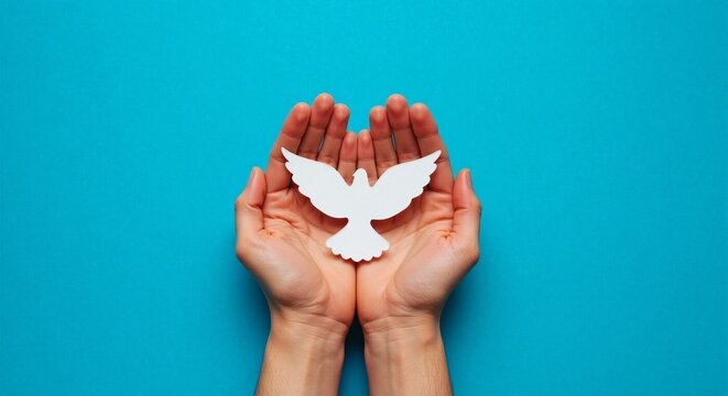 Peaceful Dove Symbol in Hands Hope, Tranquility, and the Pursuit of Peace; A Symbol of Serenity,  Inner Calm, and Global Harmony; White Dove Representing Peace, Hope and New Beginnings - Powered by Adobe