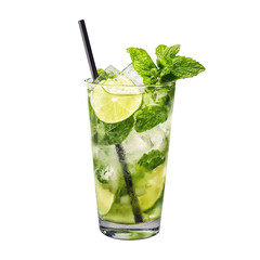 Refreshing cocktail with mint and lime served over ice in a tall glass. isolated on white background and transparent background