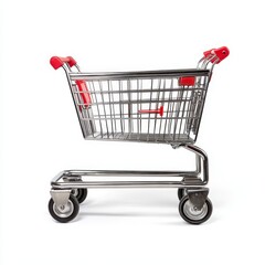 Shiny metal shopping cart with red handles and accents isolated on white background