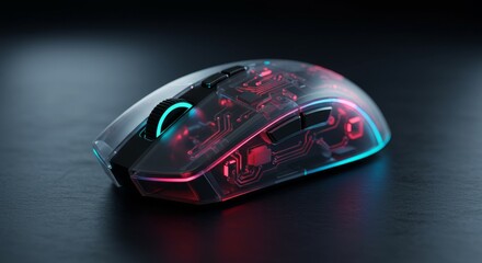 Transparent computer mouse with red  blue glowing circuits on a dark surface