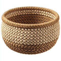 Woven storage basket with a round shape and neutral tones.
