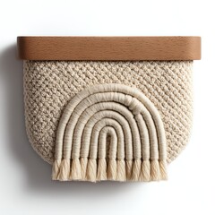 Woven wall art with a wooden shelf, featuring a rainbow design.