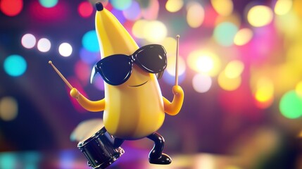 Groovy Banana Beats: A Fun 3D Render of a Cool Banana Playing the Drums