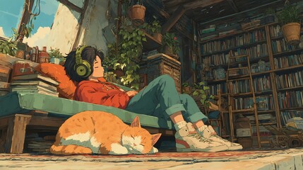 A person relaxes with a cat in a cozy book-filled room.