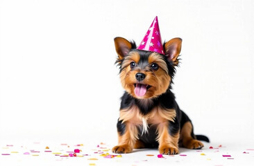Yorkshire Terrier Puppy Wearing Party Hat on white background