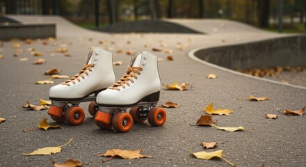 White roller skates with orange wheels and laces on a gray paved surface covered with fall leaves in a parklike setting