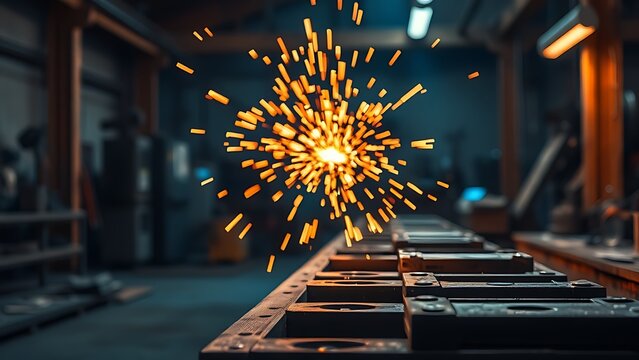 A close-up of a metal workshop with glowing sparks and dramatic lighting.