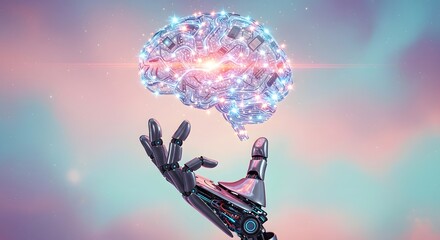 Robotic hand holding glowing brain futuristic technology concept
