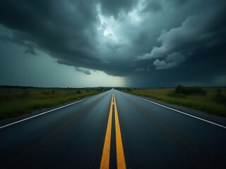 Stormy weather road trip scenic route asphalt highway travel cloudy sky dramatic landscape yellow lines 