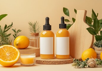 Skincare Bottles with Blank Labels, Lemon and Natural Ingredients – Product Photography for Branding