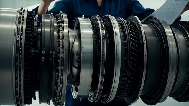 Professional aircraft engineer carefully examines turbine engine components, cross referencing with blueprints in a high tech industrial setting