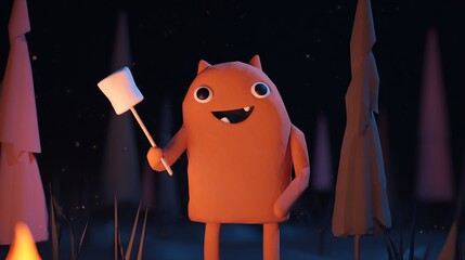 3D Cute Monster Roasting Marshmallow at Night in Spooky Forest