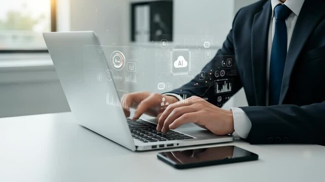 Businessman utilizing artificial intelligence technology for digital transformation, integrating cloud computing and data analysis on a laptop in a futuristic office. - Powered by Adobe