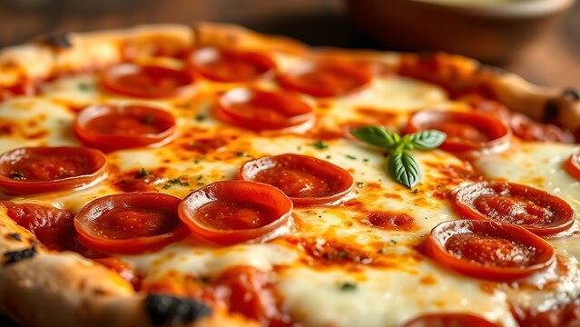 Close-up view of a pepperoni pizza with melted cheese on a rustic wooden table, evoking warmth.