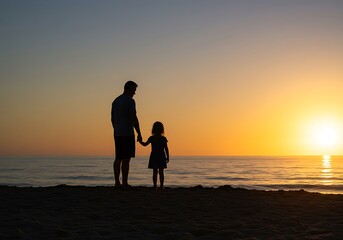 Father and Daughter Enjoying a Golden Sunset Beach Stroll. Generative Ai