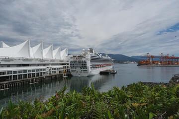 Modern Princess cruiseship cruise ship liner Grand in Vancouver, Canada port on blue sky sunny...